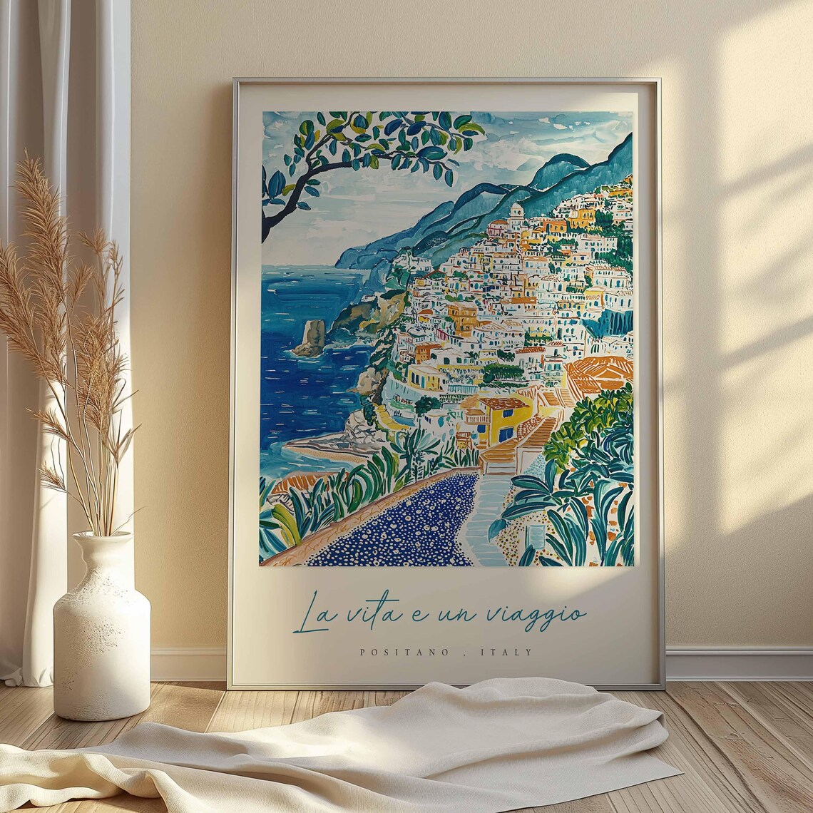 Positano Italy Agave Foreground Hillside Town Sea Coast Travel Poster - Image 2