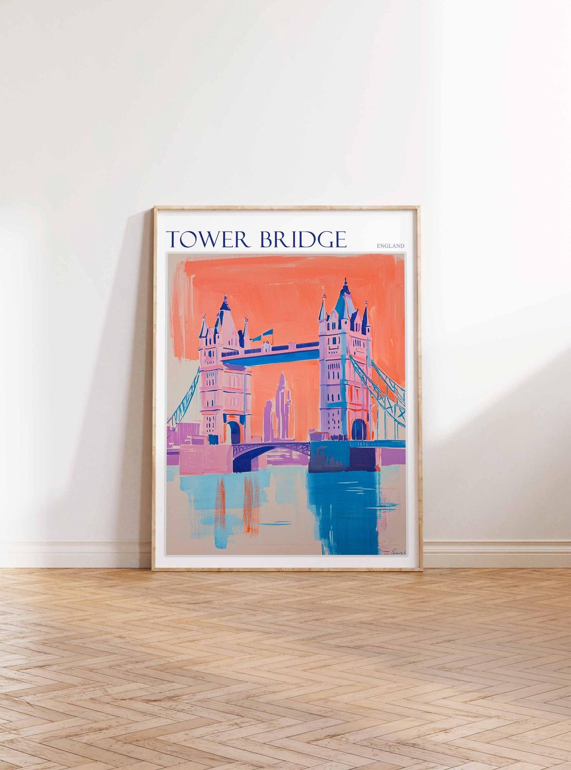 Tower Bridge Coral Orange Sunset Flat Illustration Art Poster - Image 2
