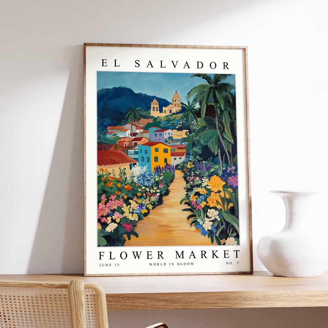 El Salvador Flower Market Colonial Church Town Garden Path Poster