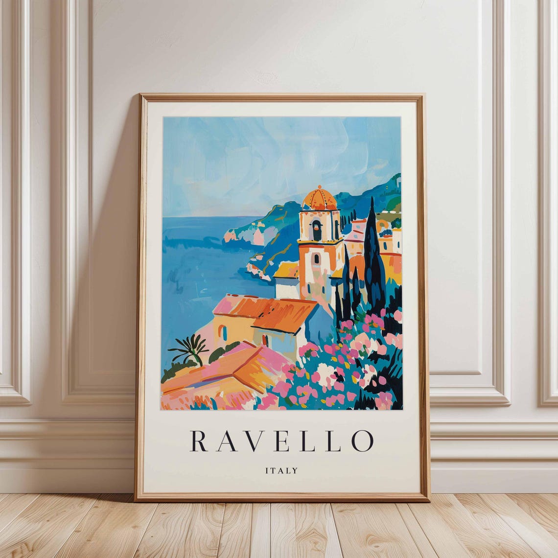 Ravello Italy Domed Bell Tower Cypress Trees Pink Flowers Sea Poster - Image 3