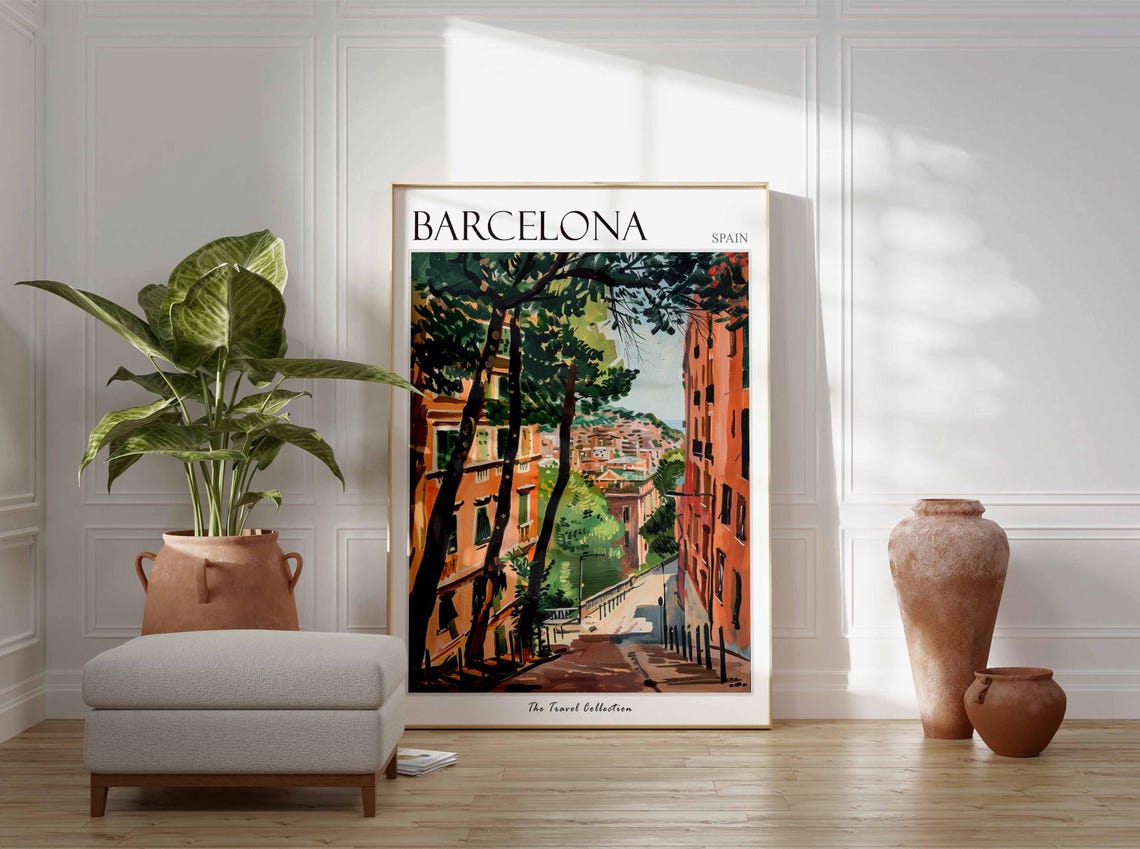 Barcelona Spain Orange Facades Tree Lined Street Painting Poster - Image 2