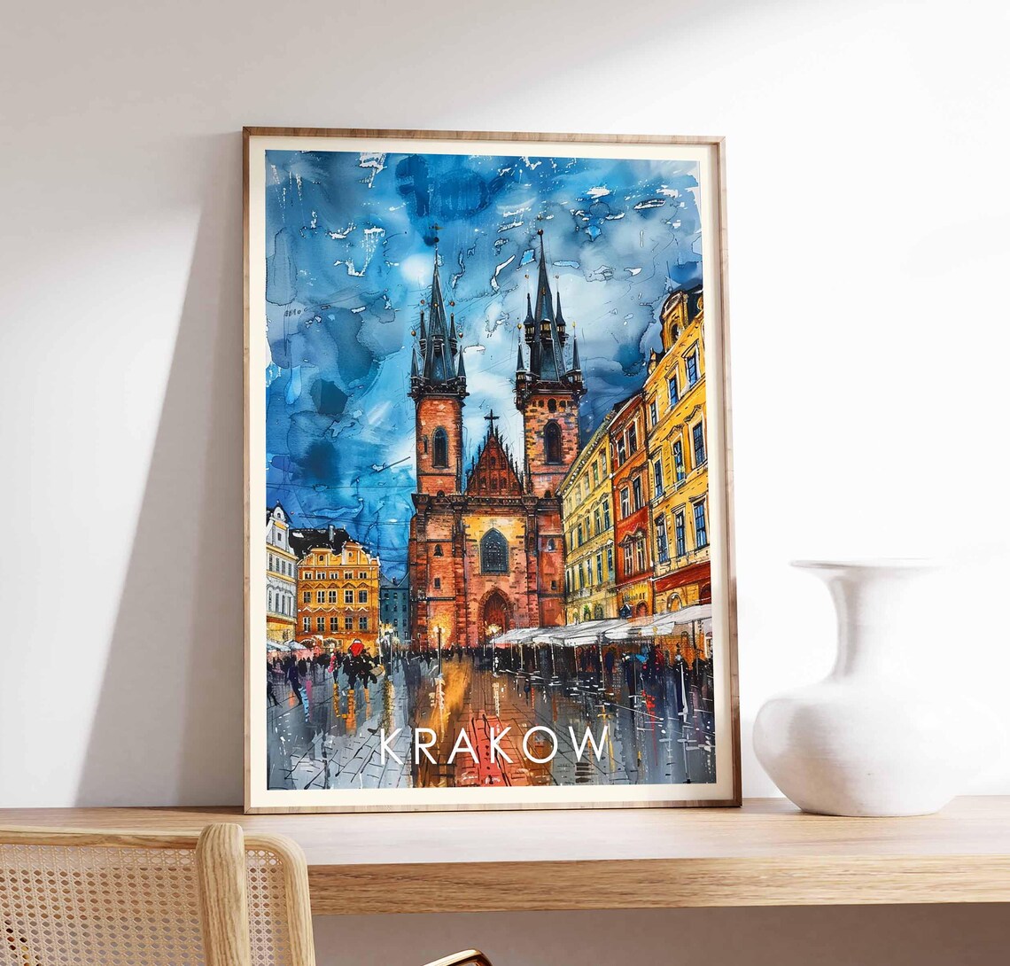 Krakow Poland Art Print Cityscape Travel Poster