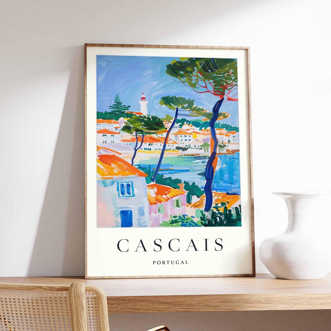 Cascais Portugal Lighthouse Painted Pine Coastal Travel Poster