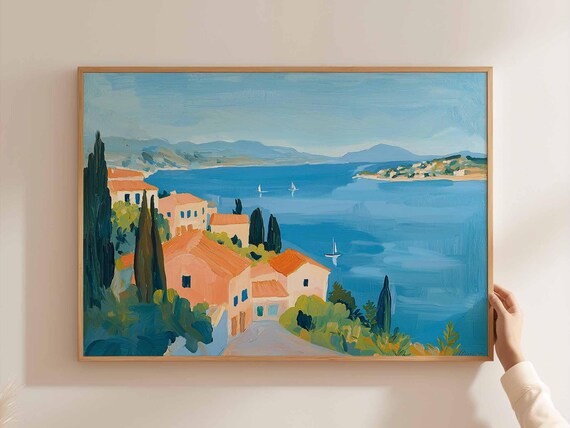 Corfu Greece Ionian Sea Sailboats Bay Cypress Painting Poster