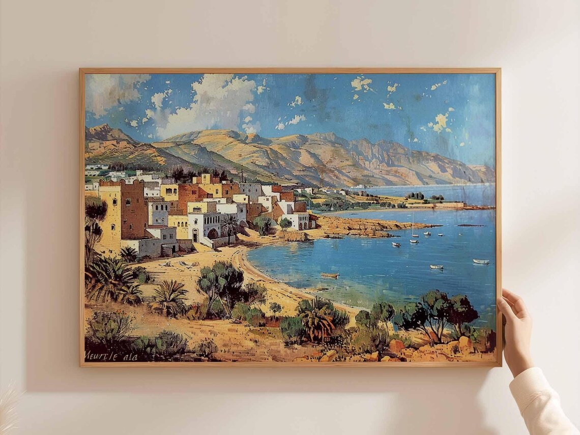 Algerian Mediterranean Coastal Town Harbor Watercolor Travel Poster