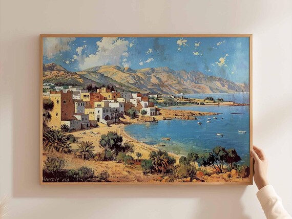 Algerian Mediterranean Coastal Town Harbor Watercolor Travel Poster