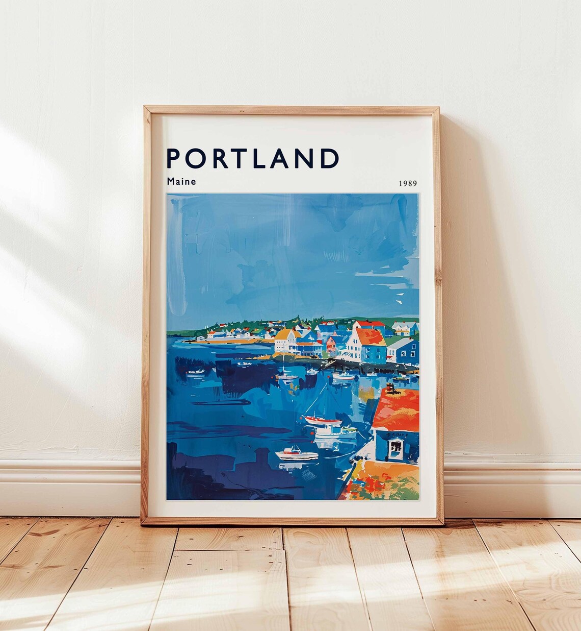 Portland Maine 1989 Harbor View in Blue Retro Style Travel Poster