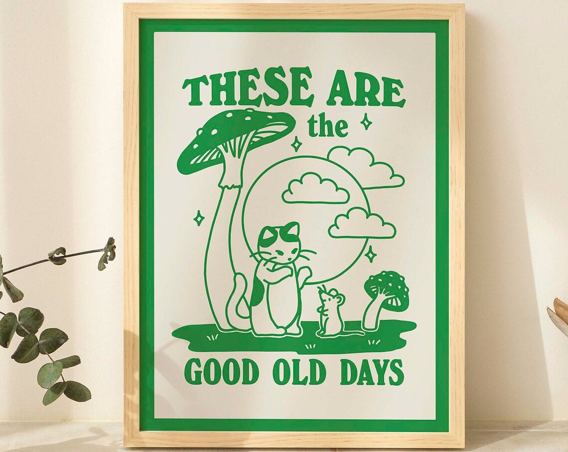 Cat And Mouse Mushroom Retro Poster Print