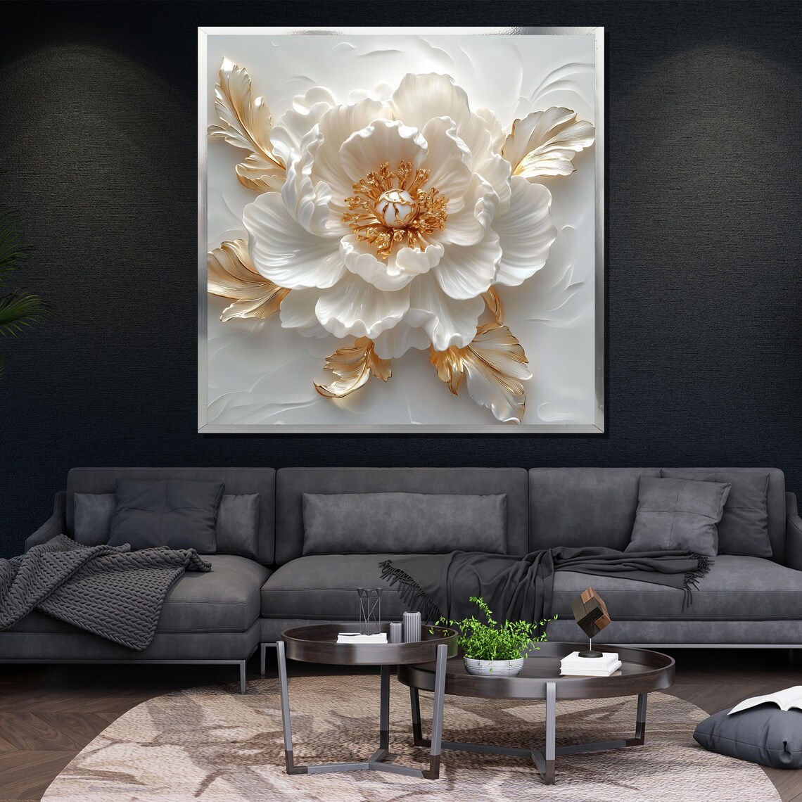 White And Gold 3D Textured Floral Painting Luxury Wall Art Poster - Image 4