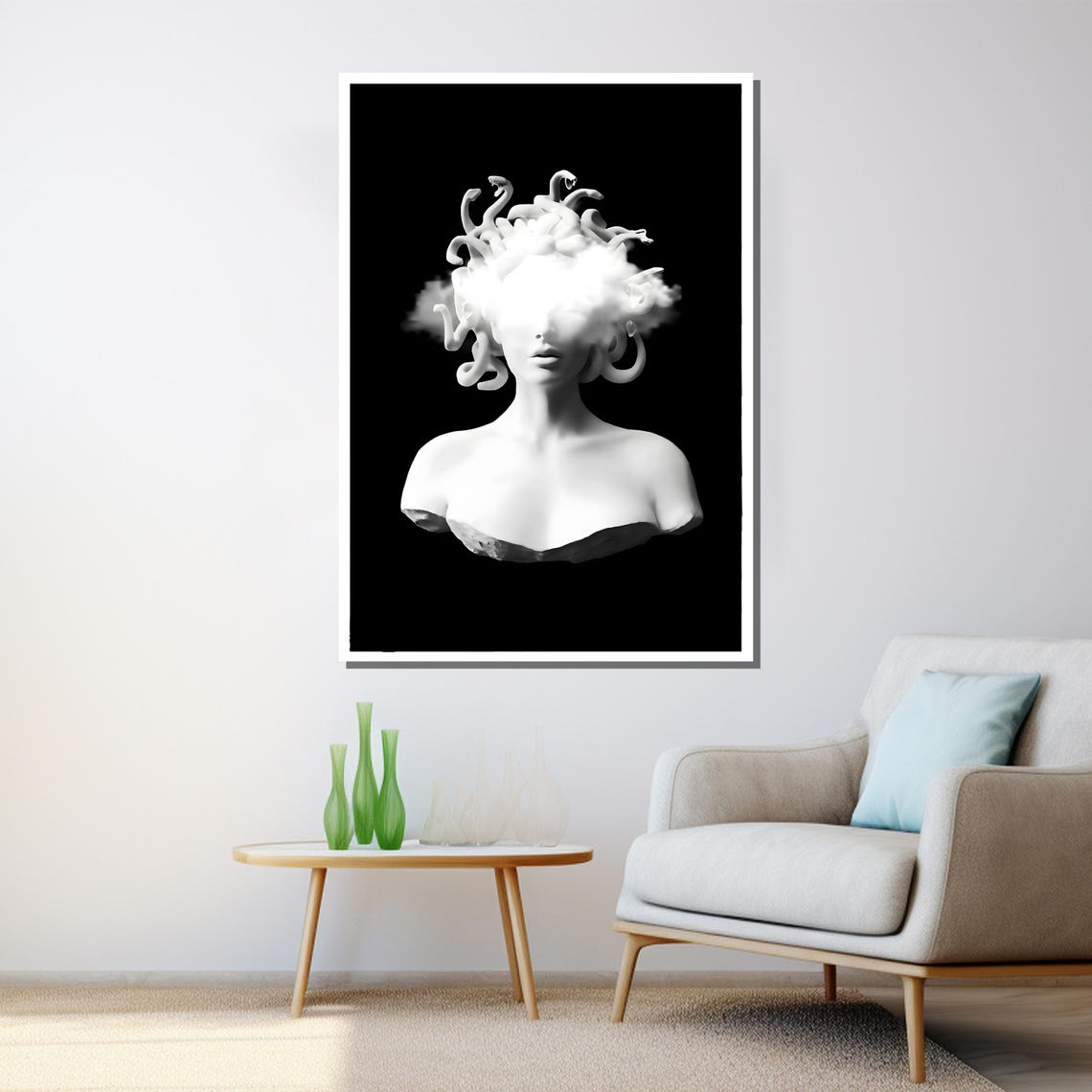 Modern Medusa Bust Black And White Abstract Wall Art With Cloud Effect For Home Decor Or Gift - Image 3