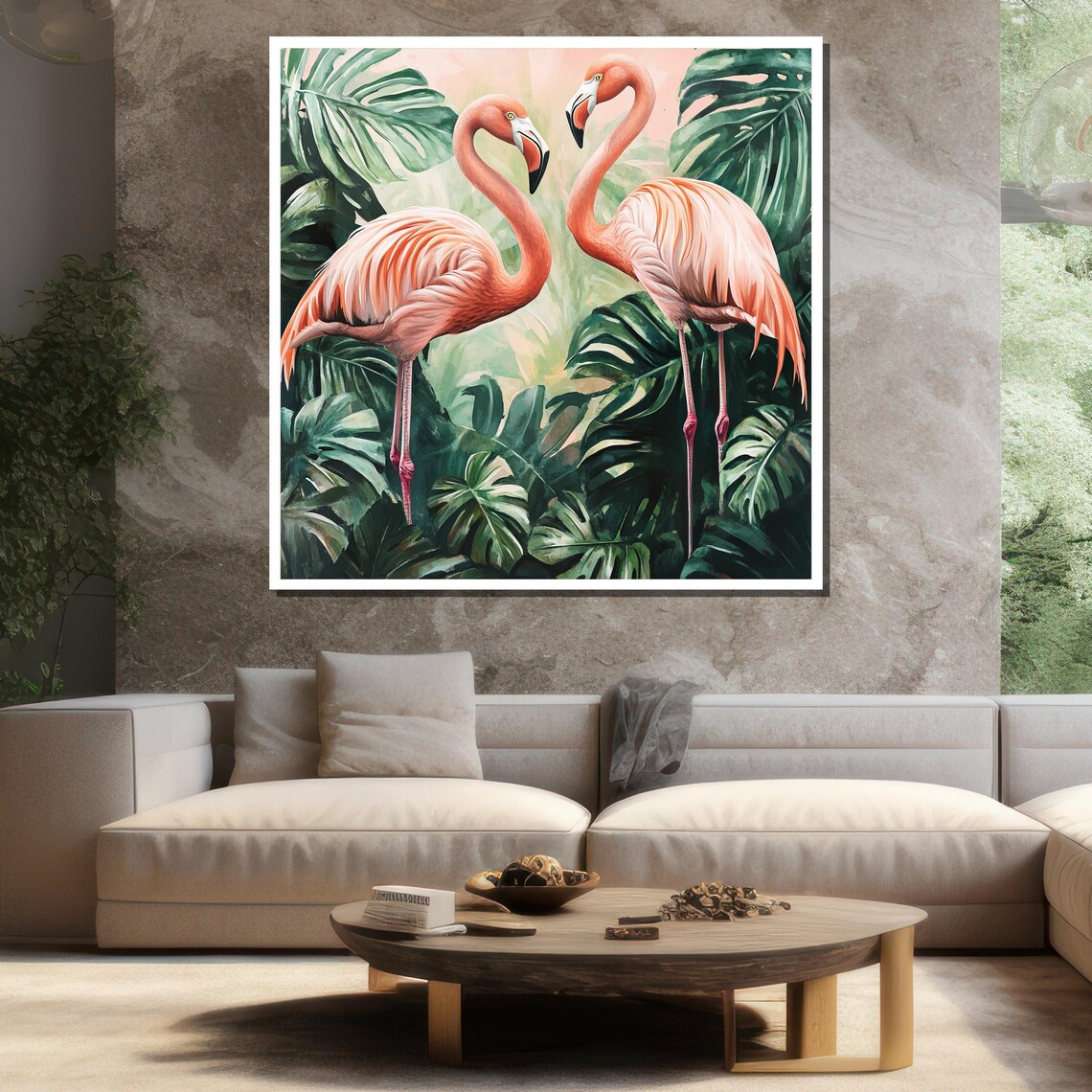 Two Pink Flamingos Monstera Leaves Tropical Watercolor Bird Art Poster - Image 3
