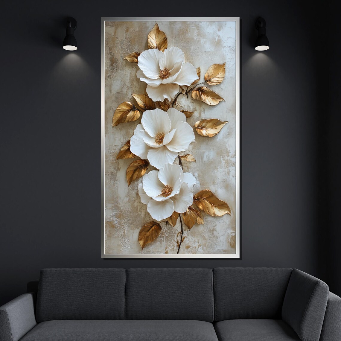 Gold And White 3D Floral Painting, Modern Art Print - Image 4