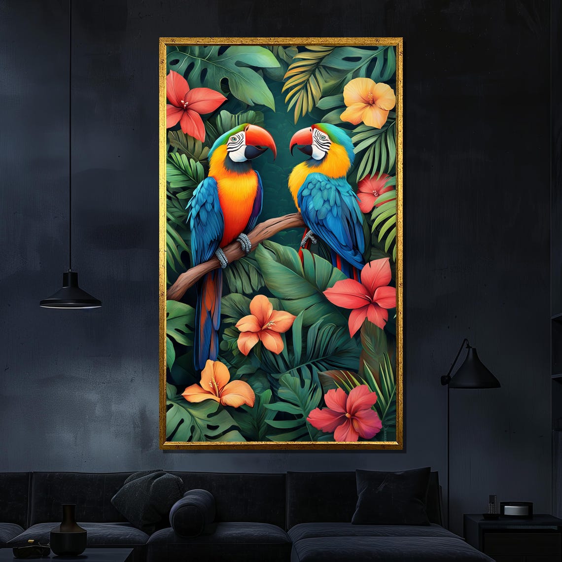 Two Blue Macaws Hibiscus Flowers Tropical Jungle Bird Poster