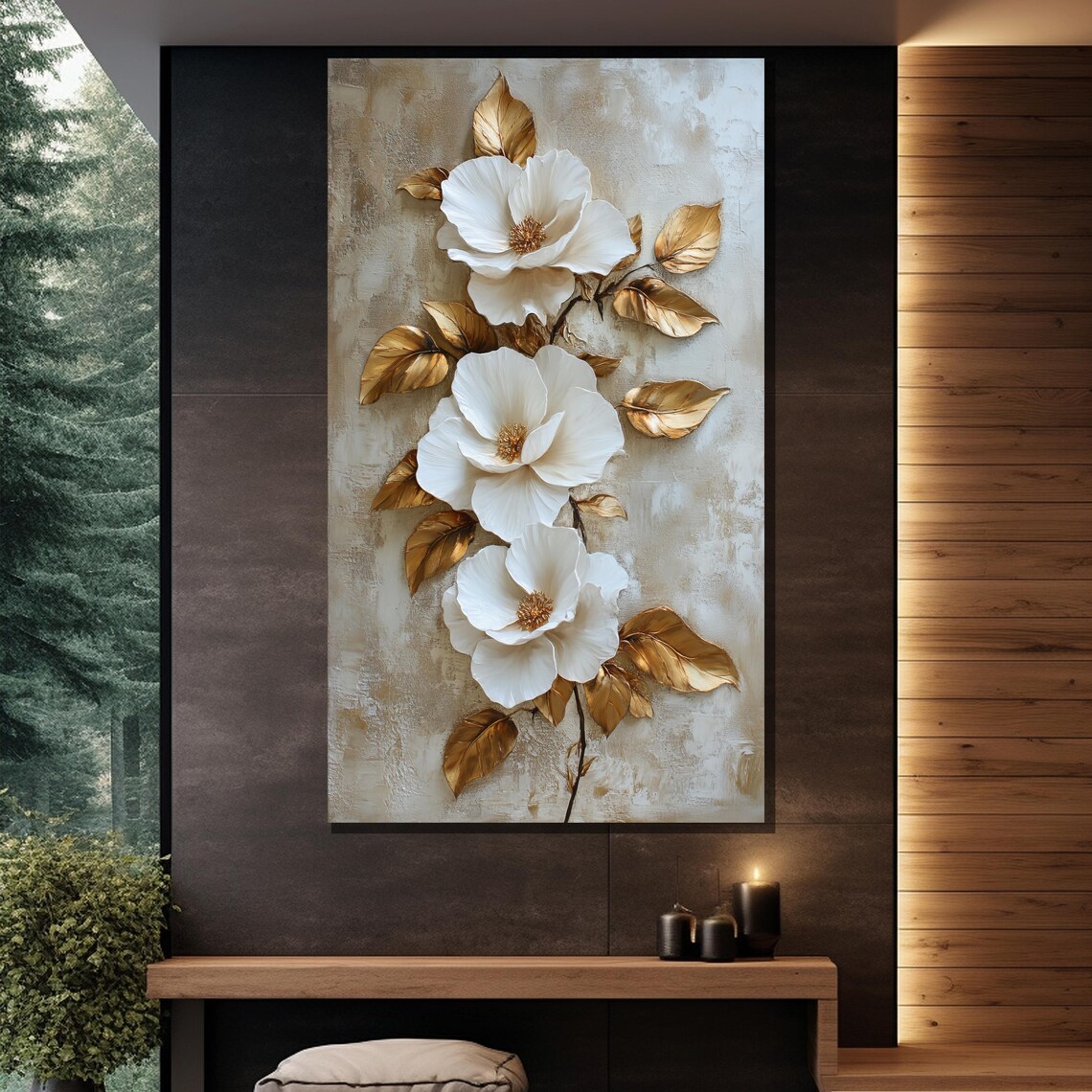 Gold And White 3D Floral Painting, Modern Art Print - Image 2