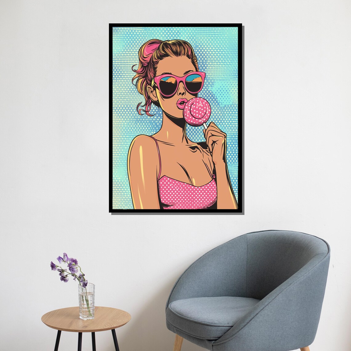 Pop Art Woman Pink Sunglasses Lollipop Retro Colorful Wall Art Poster - Image 5