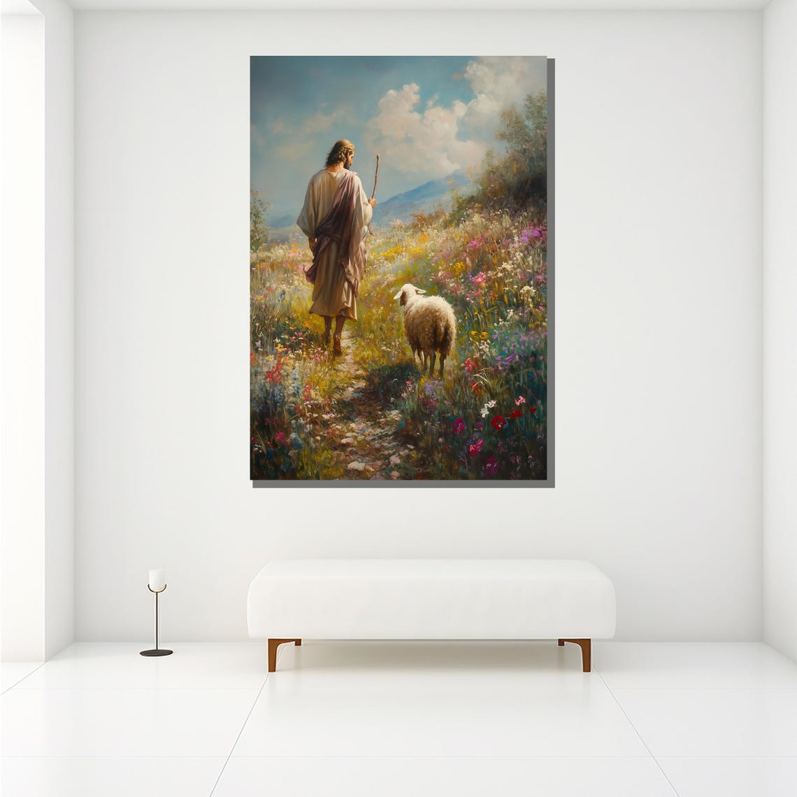 Jesus And Lost Sheep Flower Meadow Good Shepherd Painting Wall Poster - Image 2