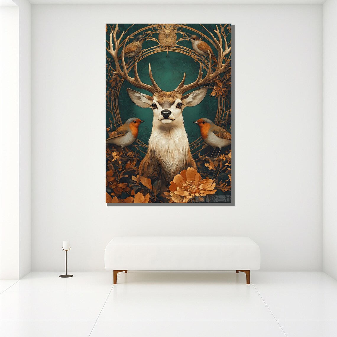 Stag Antlers Robins Golden Elegant Deer Portrait Nature Wall Art - Image 2