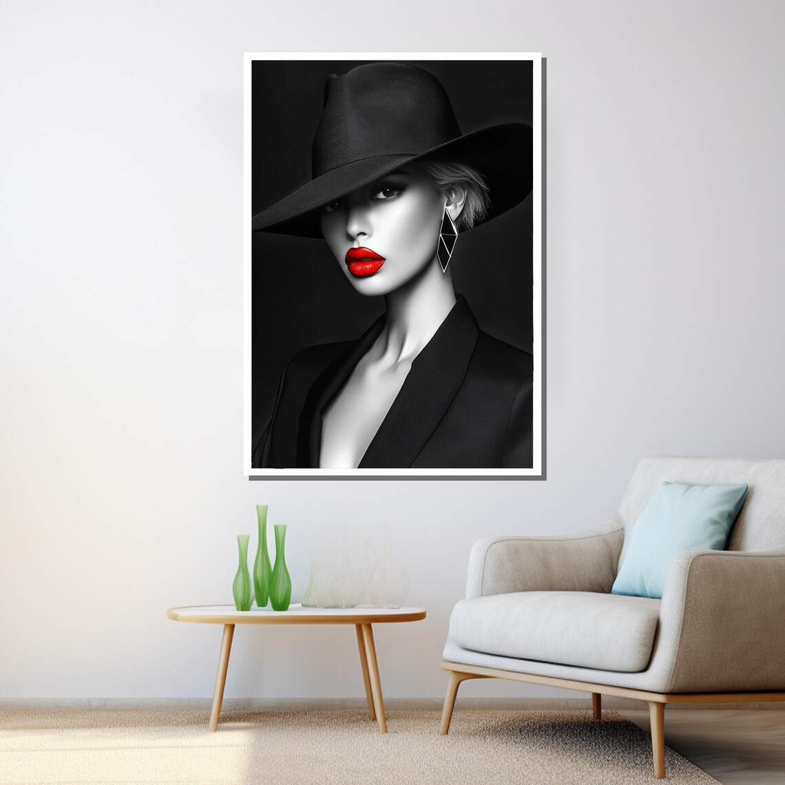 Black Hat Red Lips Woman Bold Monochrome Fashion Portrait Wall Poster - Image 3