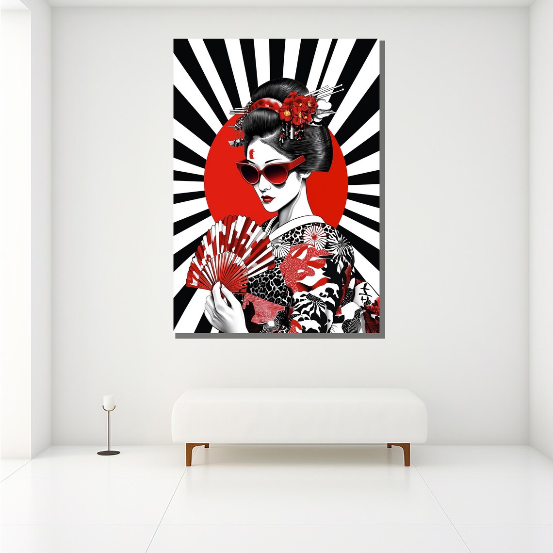 Modern Geisha Pop Art Red Sunglasses Fan Bold Japanese Wall Art - Image 2
