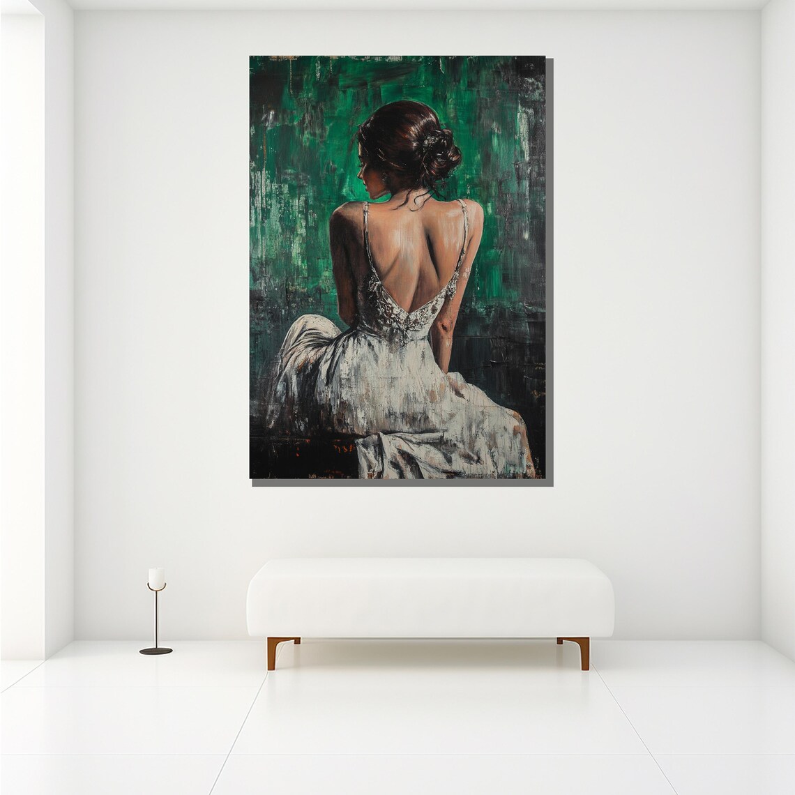 Elegant Woman White Dress Back View Emerald Green Painting Wall Poster - Image 2