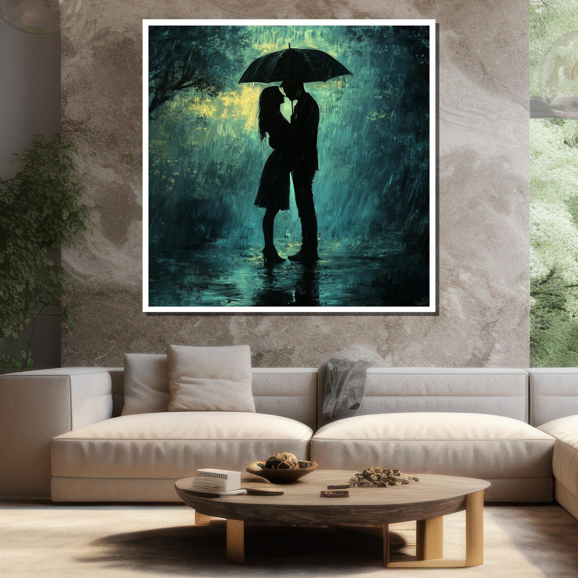 Silhouette Couple Under Umbrella Rainy Night Kiss Romantic Wall Poster - Image 3