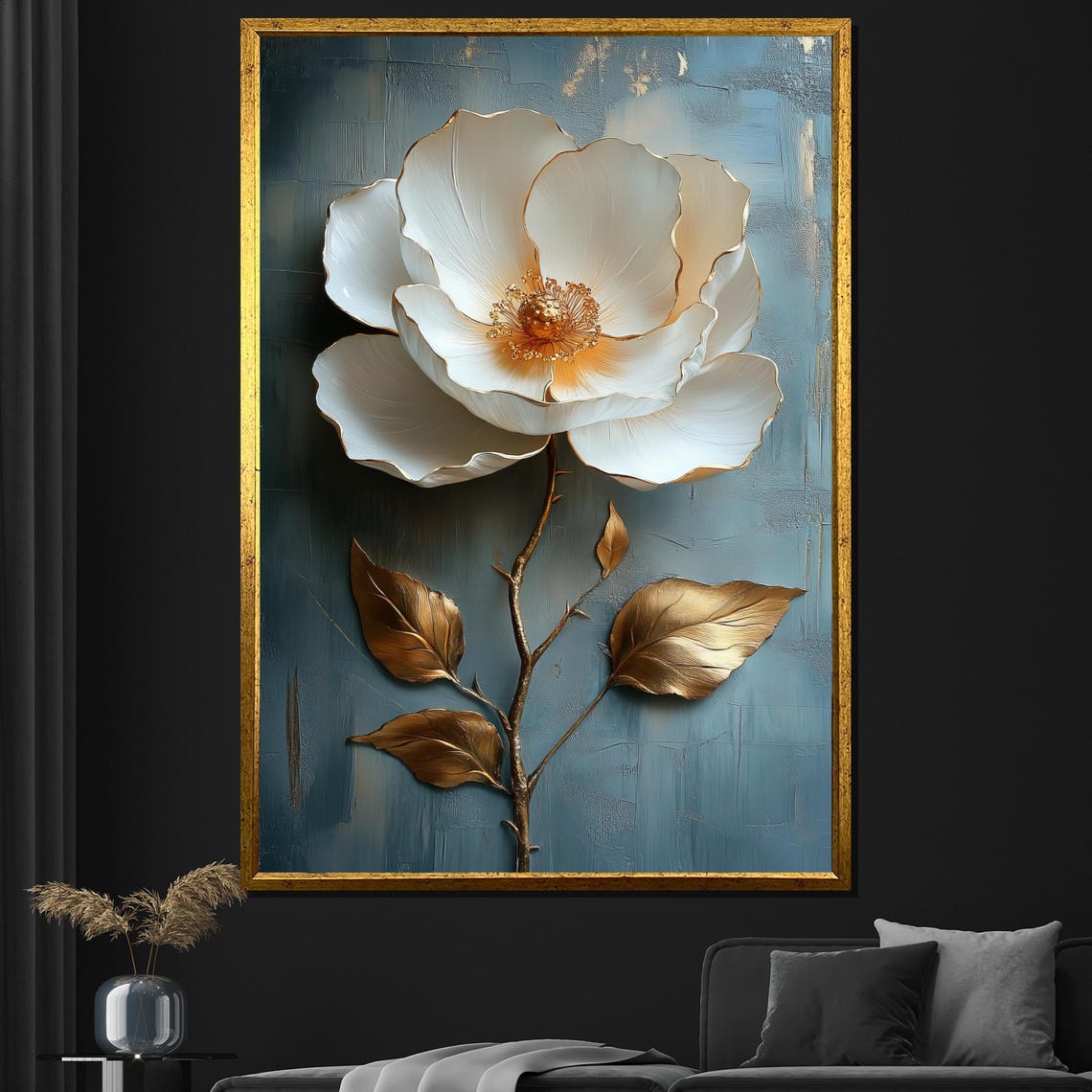 White Gold Flower Textured Painting Blue Background Elegant Wall Art