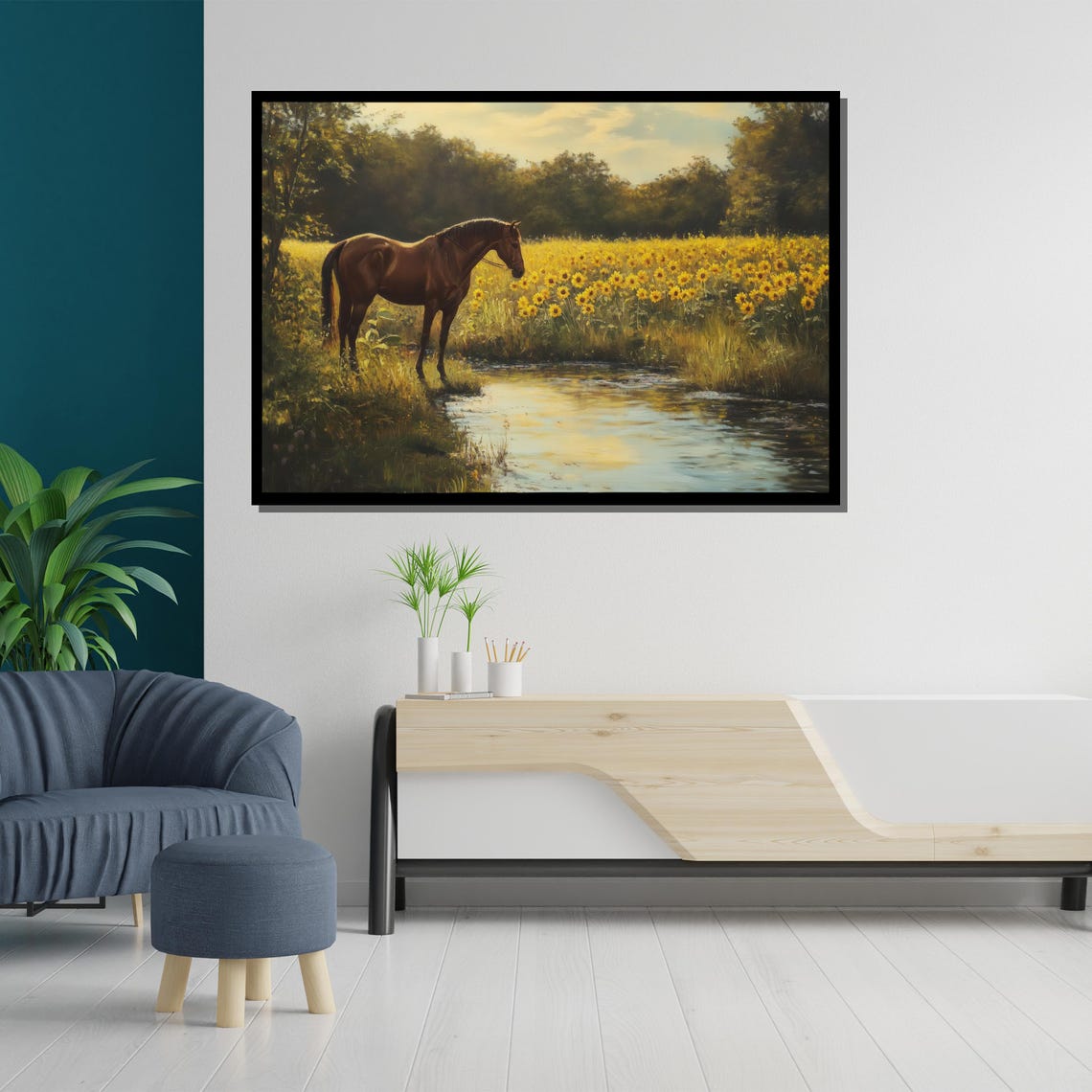 Chestnut Horse Sunflower Field Stream Golden Evening Rustic Wall Art - Image 5
