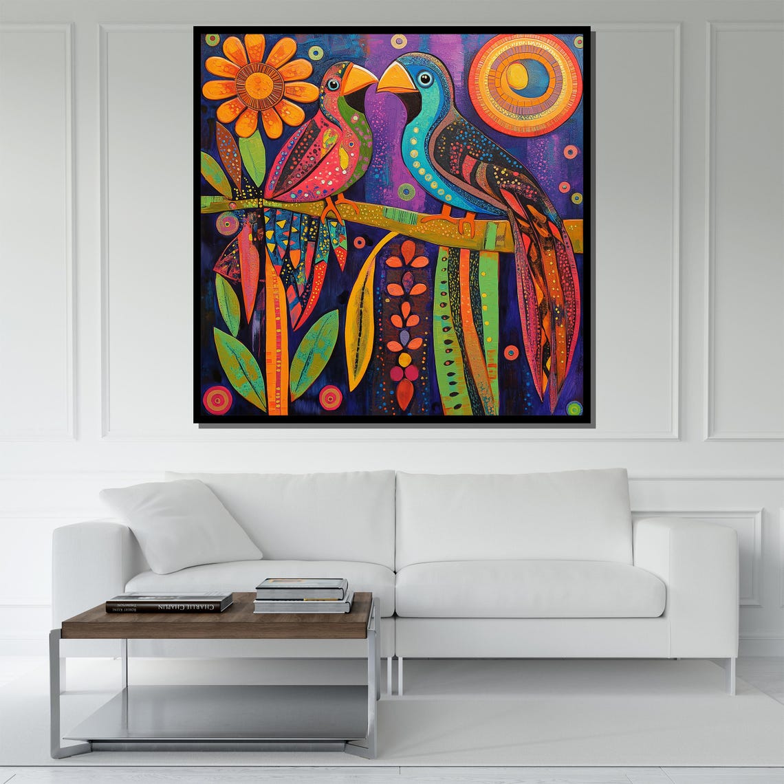 Colorful Parrots Folk Art Vibrant Stylized Pair Birds Wall Art - Image 5