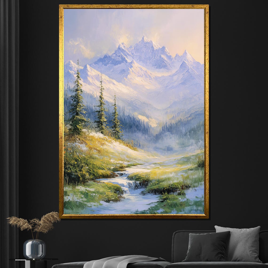 Mountain Landscape Painting Serene Nature Wall Art For Living Room Peaceful Decor Gift
