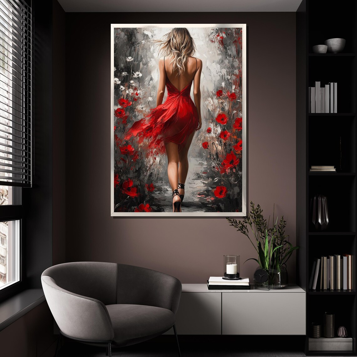 Woman in Red Dress Walking Poppy Field Romantic Floral Art Poster - Image 4