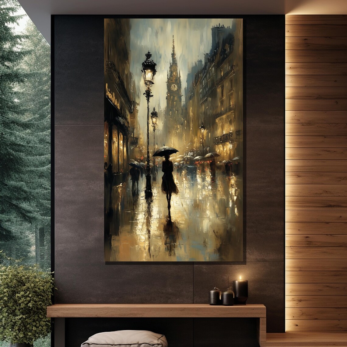 Romantic Rainy Street Umbrella Silhouette Vintage Gas Lamp City Poster - Image 2