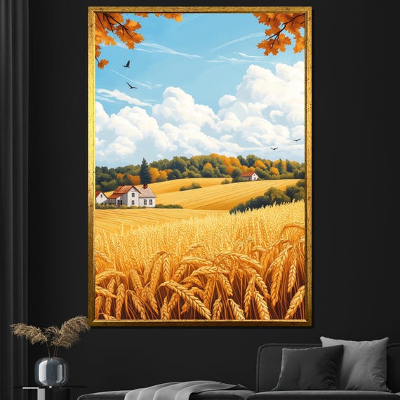 Golden Wheat Field Painting Rustic Farmhouse Wall Art For Living Room Decor Country Landscape Gift