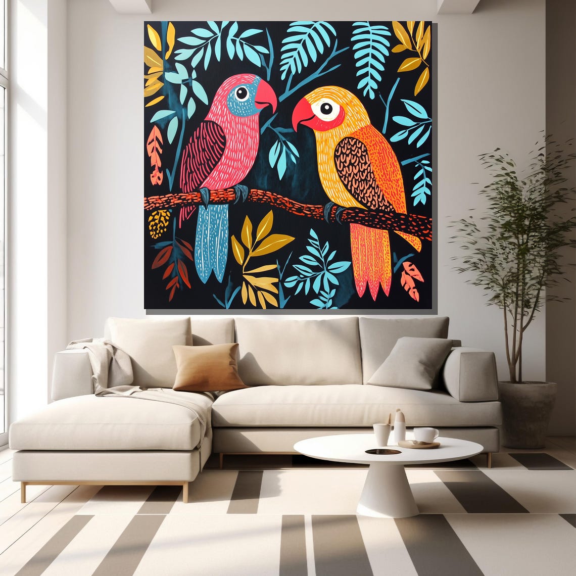 Two Colorful Folk Art Parrots Branch Exotic Bird Wall Poster - Image 2