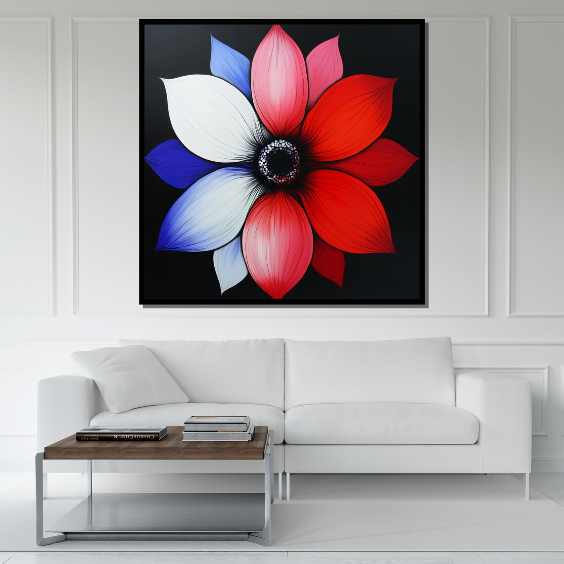 Bold Modern Red White And Blue Flower On Black Background Art Poster - Image 5