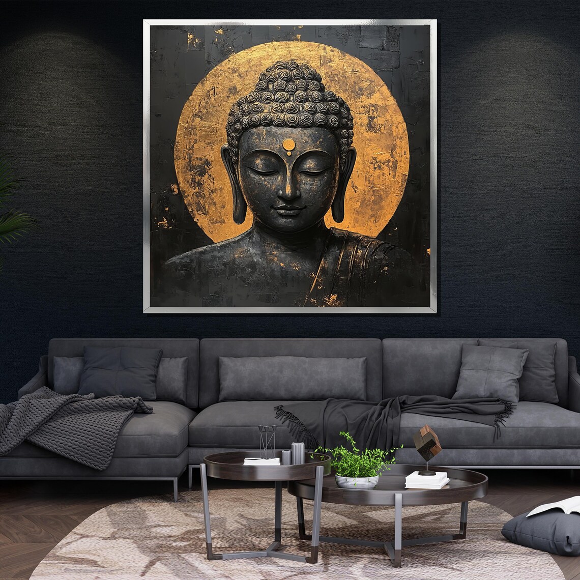 Black Stone Buddha Golden Halo Circle Luxury Zen Meditation Wall Poster - Image 4