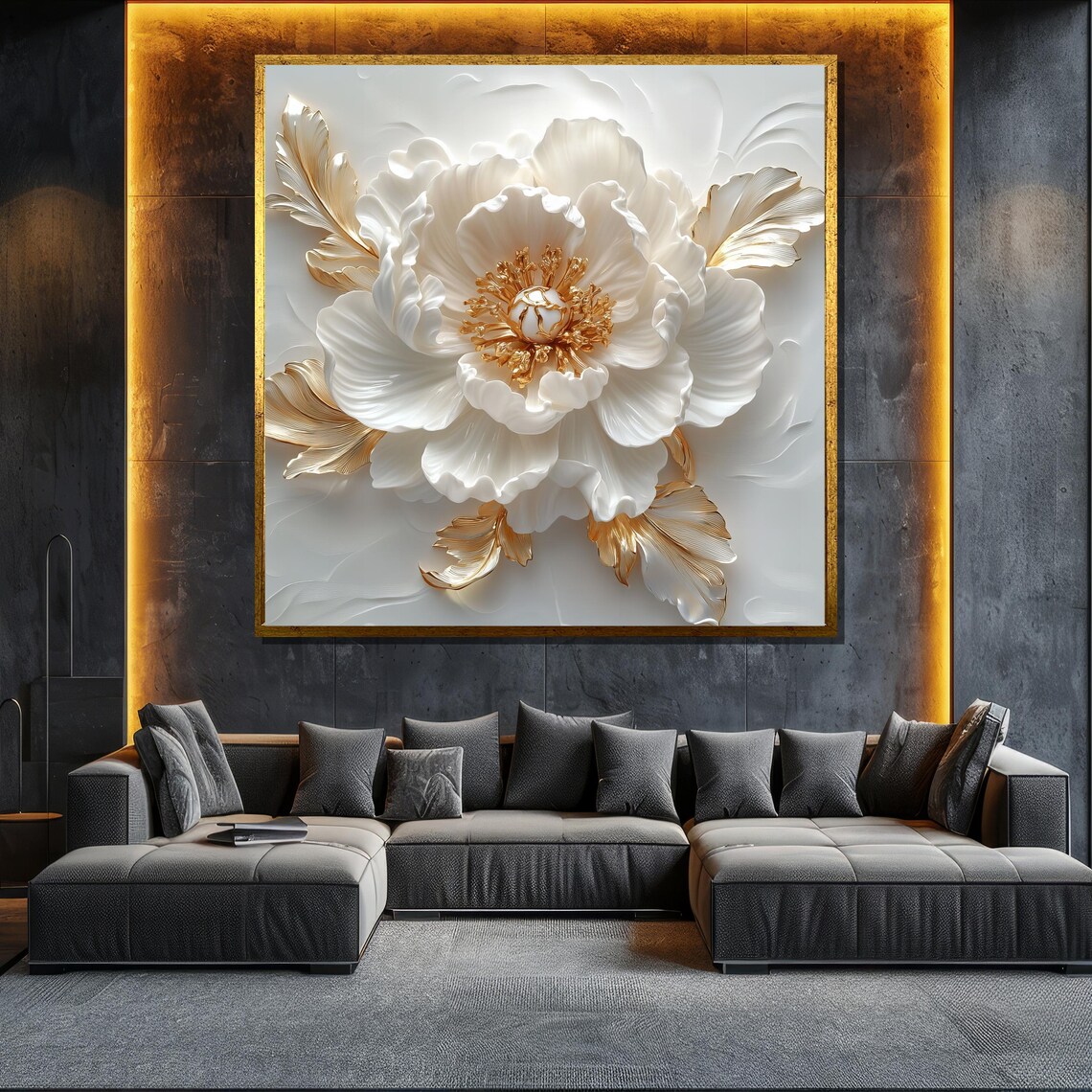 White And Gold 3D Textured Floral Painting Luxury Wall Art Poster