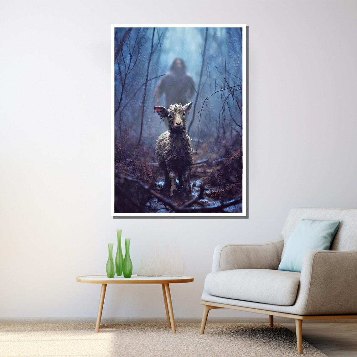 Jesus Finds Lost Lamb Rainy Forest Emotional Christian Art Wall Poster - Image 3