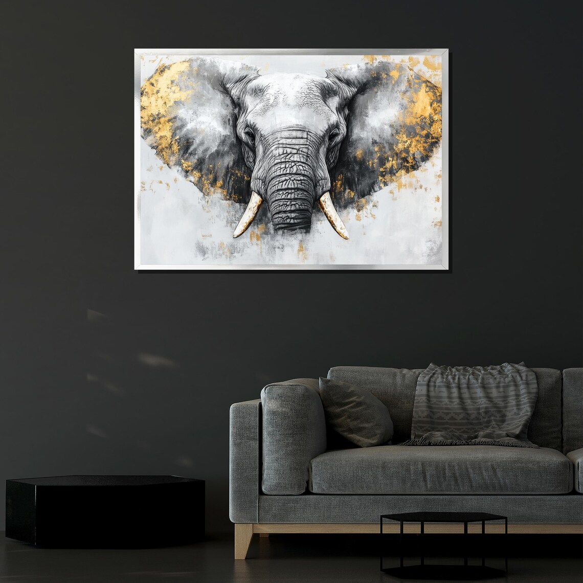 Elephant Head Gold Leaf Painting Gray White Modern Wildlife Animal Wall Art Poster - Image 4