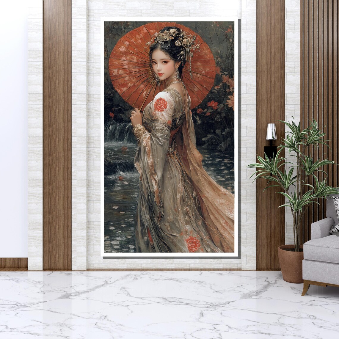 Elegant Chinese Woman With Red Parasol Riverside Garden Art Print - Image 3