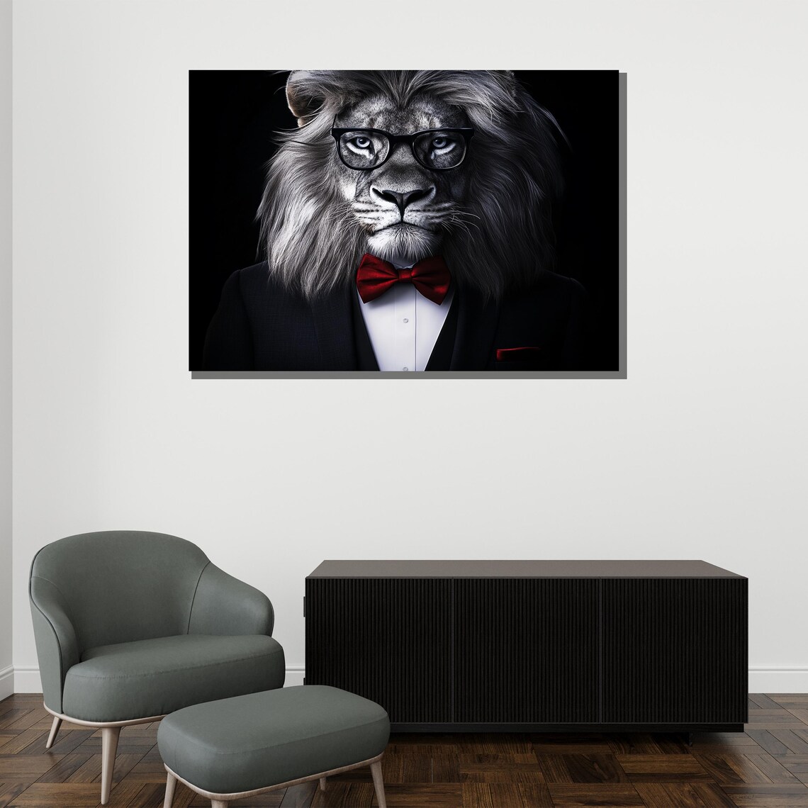 Dapper Lion Portrait Black Suit Red Bow Tie Glasses Regal Animal Wall Art Poster - Image 2
