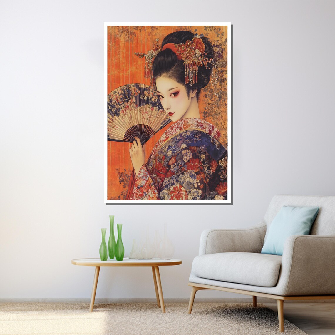 Japanese Geisha Portrait With Floral Fan Orange Background Art Poster - Image 3