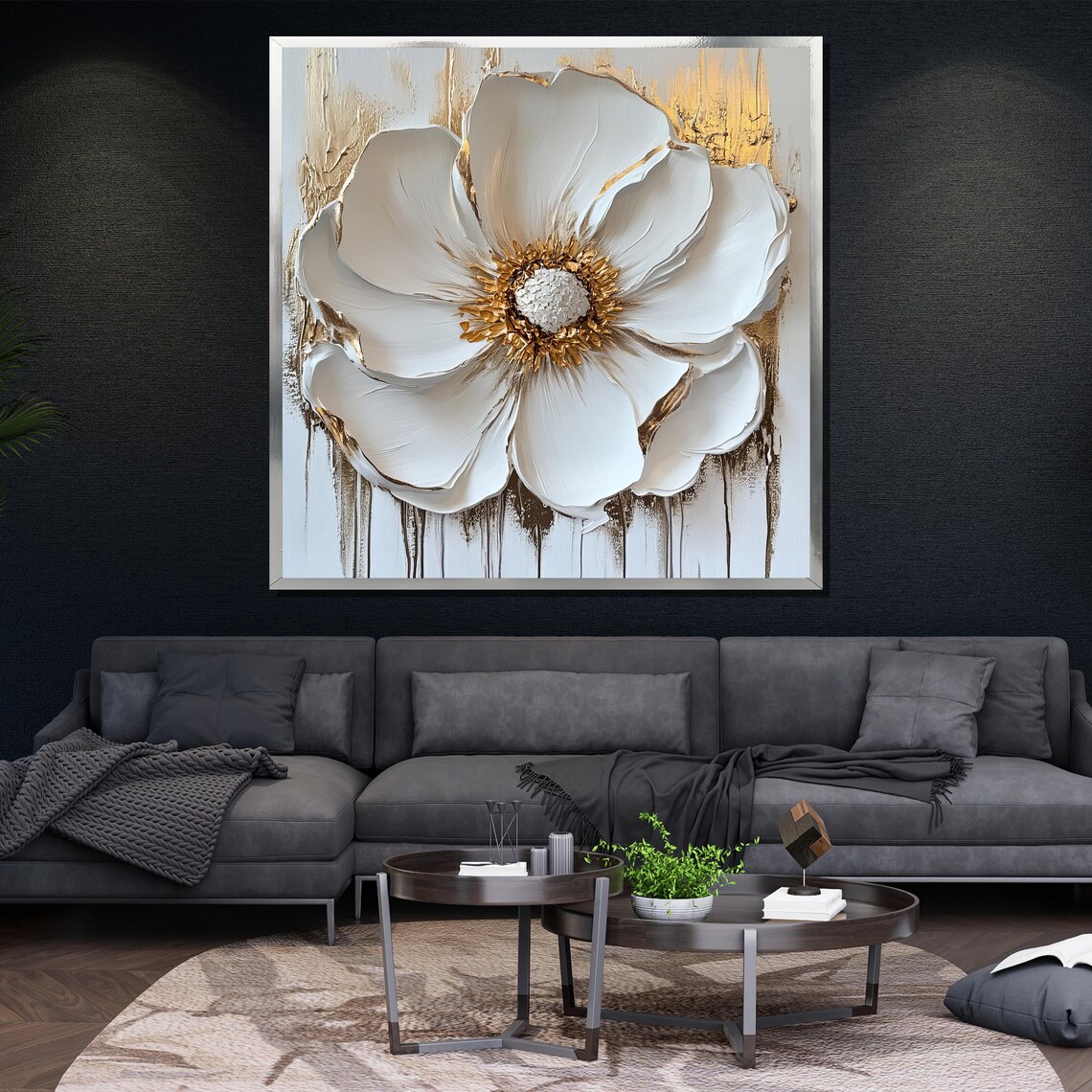 Stunning Large White Flower Gold Center Textured Abstract Art Poster - Image 4