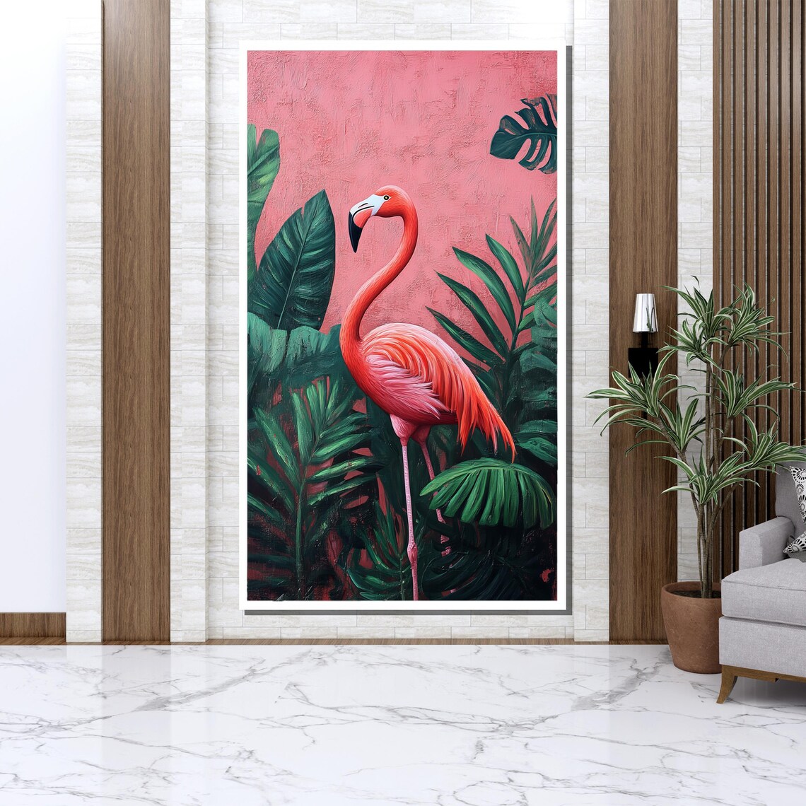 Pink Flamingo Tropical Palm Leaves Modern Bird Jungle Scene Poster - Image 3