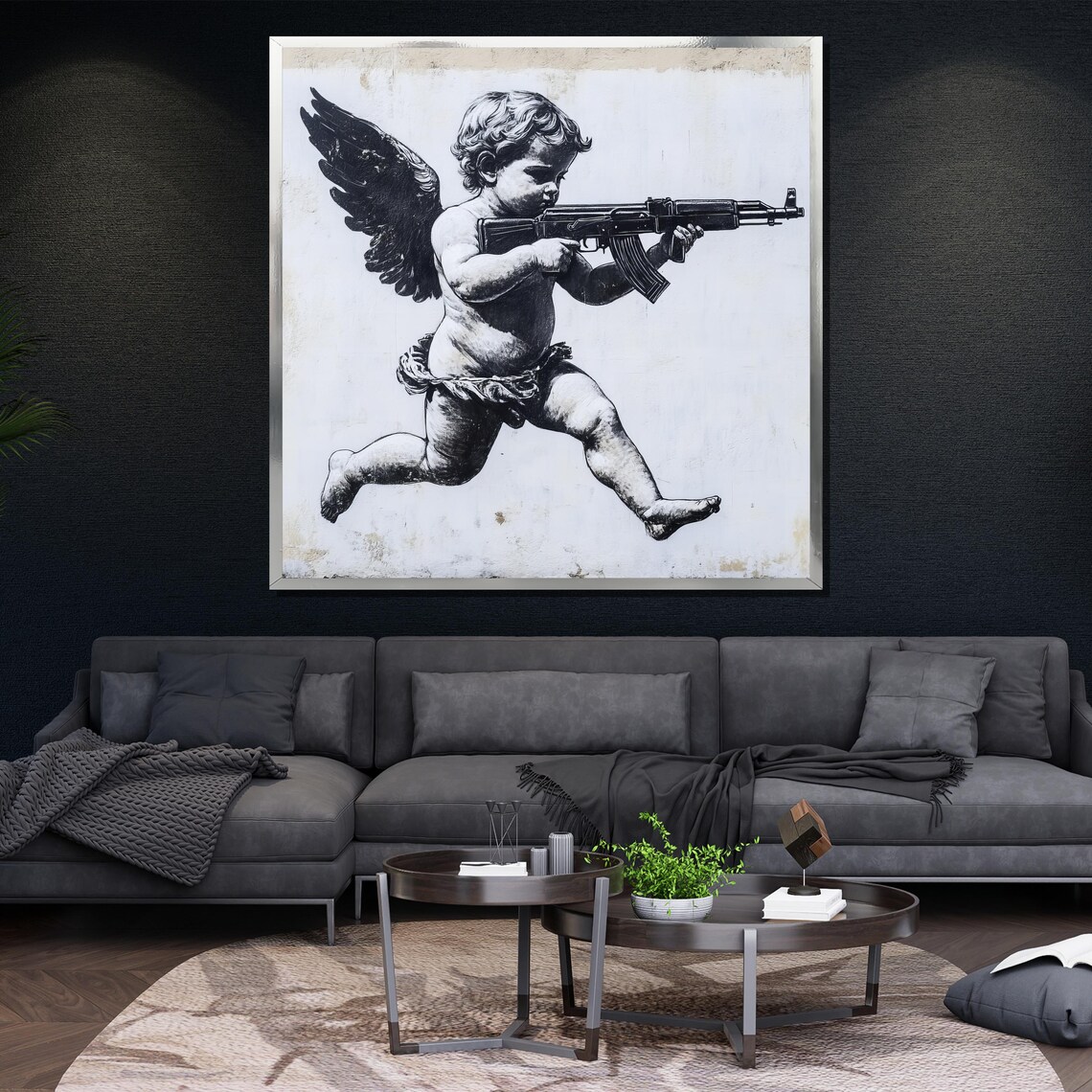 Cherub Holding Rifle Black And White Graffiti Street Art Wall Poster - Image 4