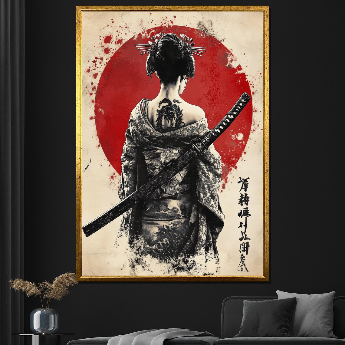 Samurai Woman Ink Painting Dragon Tattoo Red Sun Japanese Art Poster