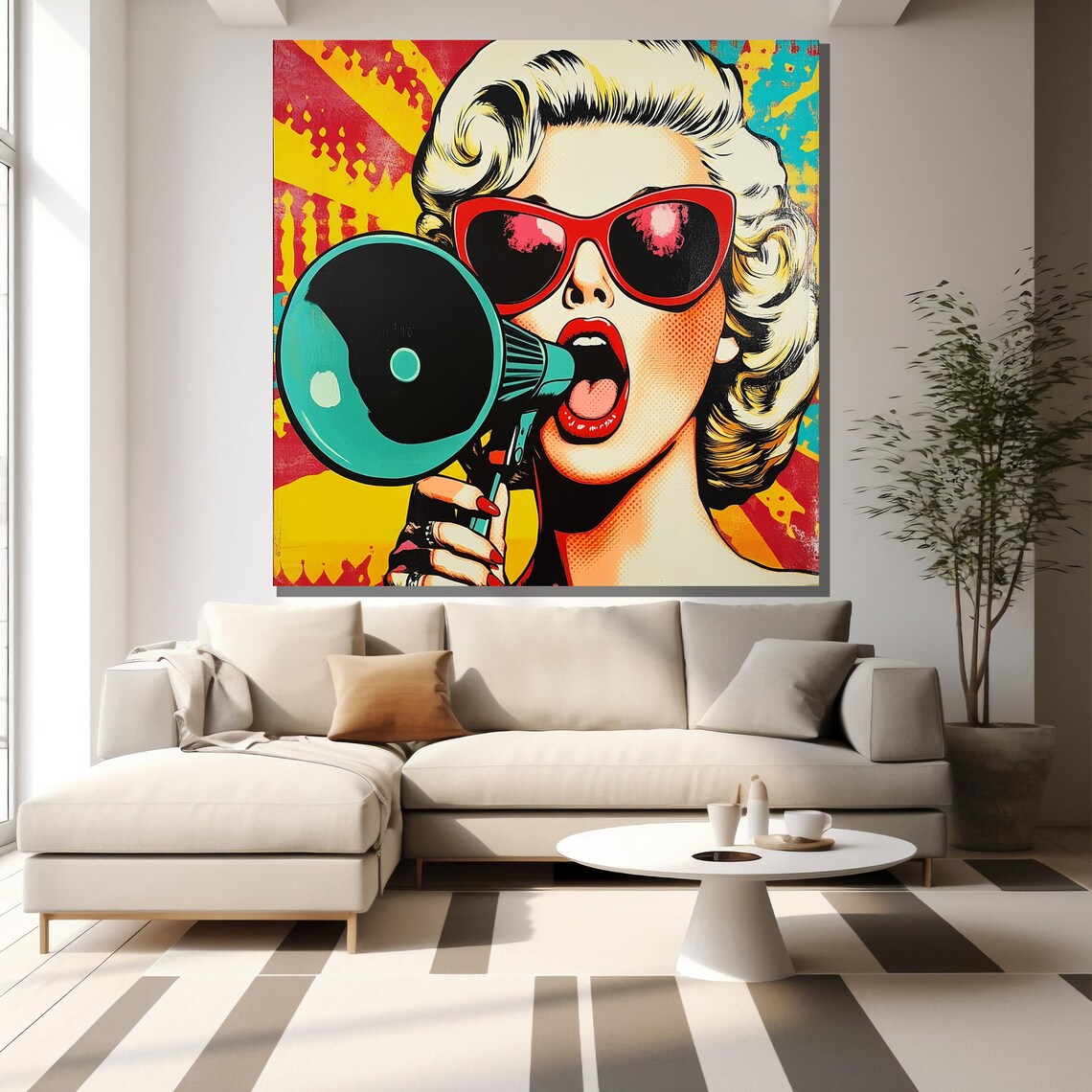 Pop Art Woman With Megaphone Retro Sunglasses Colorful Wall Poster - Image 2