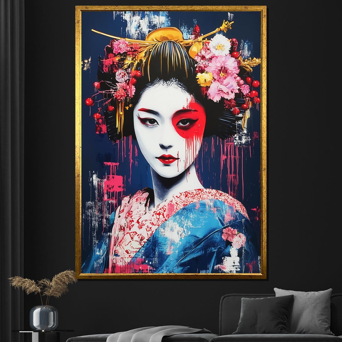 Abstract Geisha Graffiti Art Blue Kimono Red Paint Japanese Wall Art