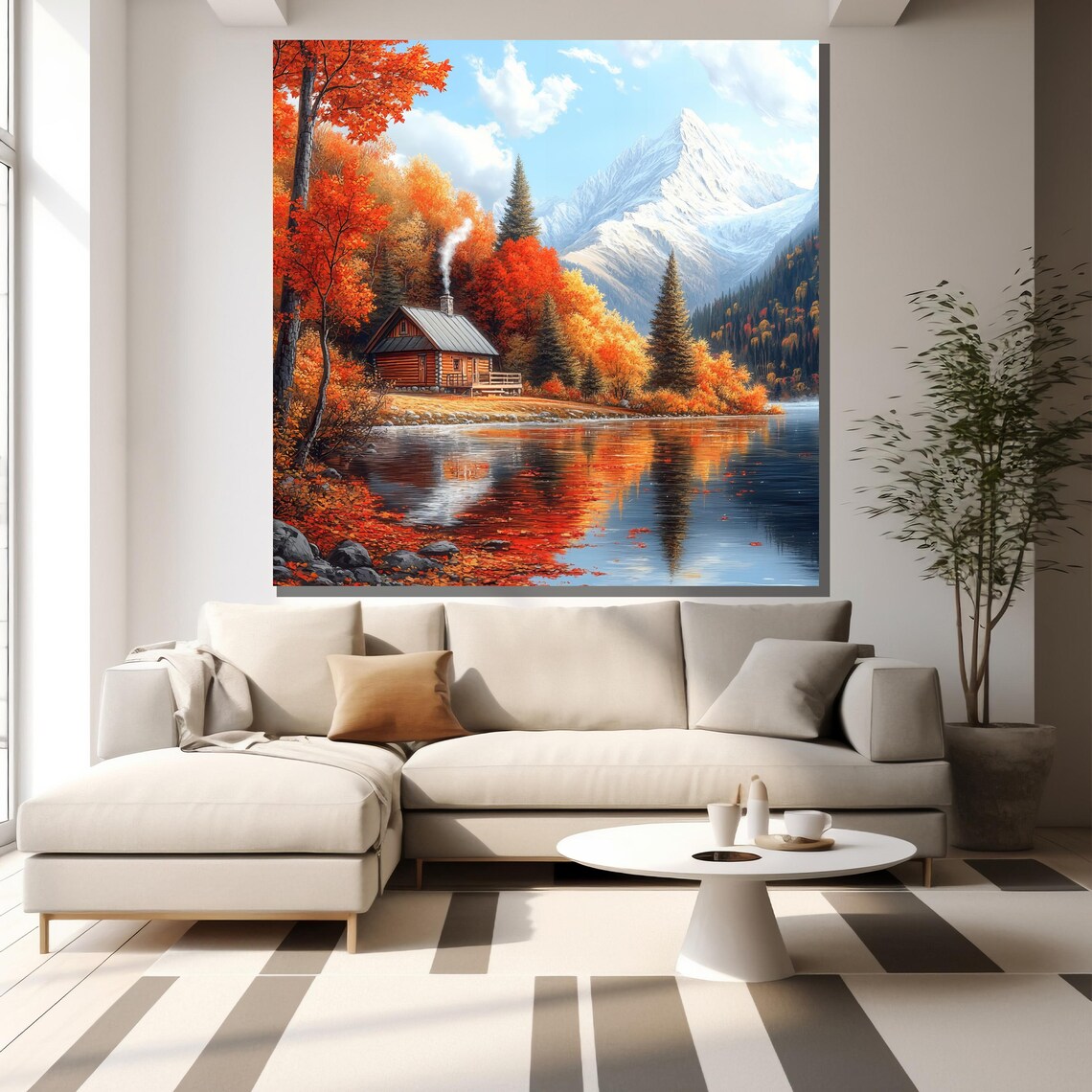 Autumn Cabin Lake Reflection Snowy Mountain Fall Foliage Poster - Image 2