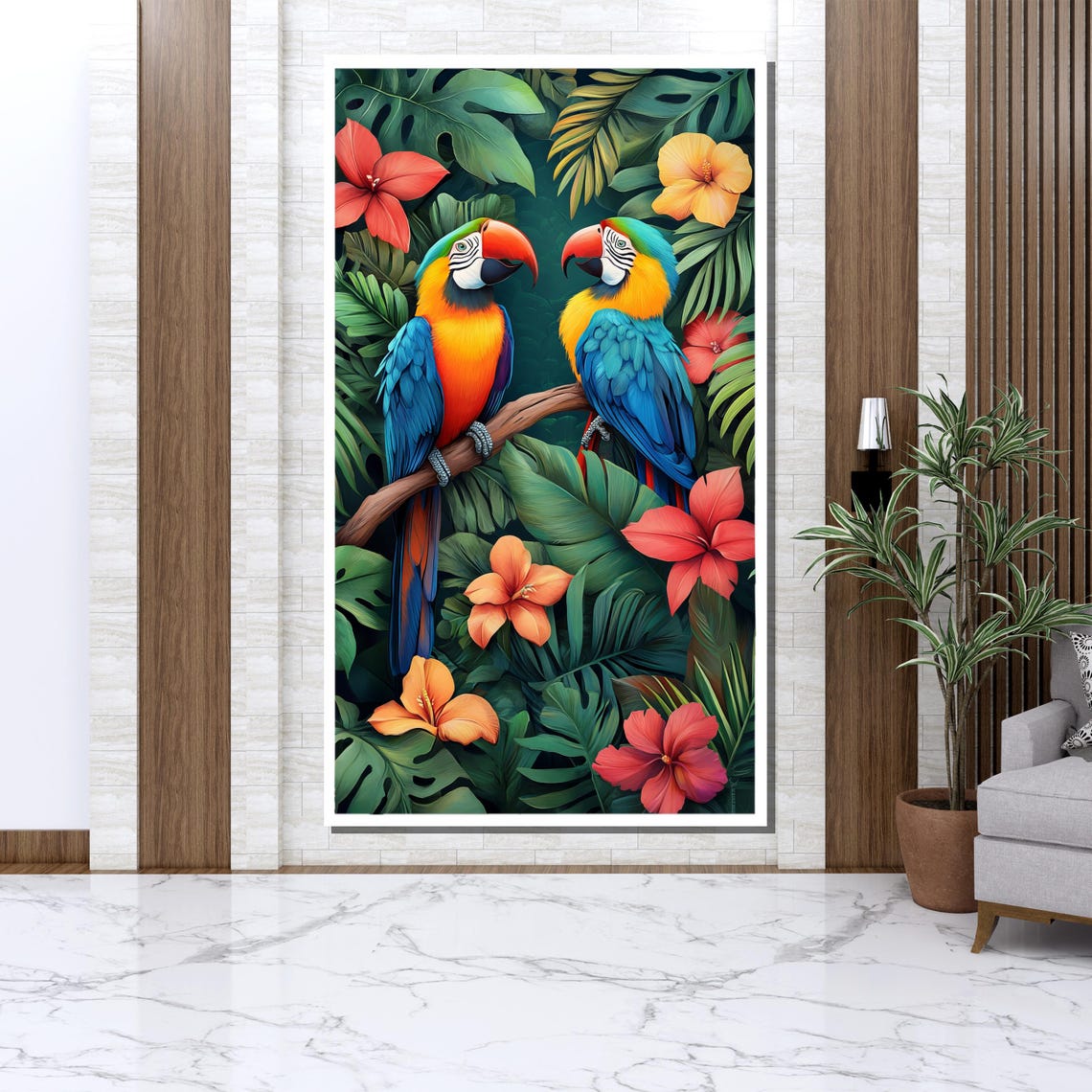 Two Blue Macaws Hibiscus Flowers Tropical Jungle Bird Poster - Image 3