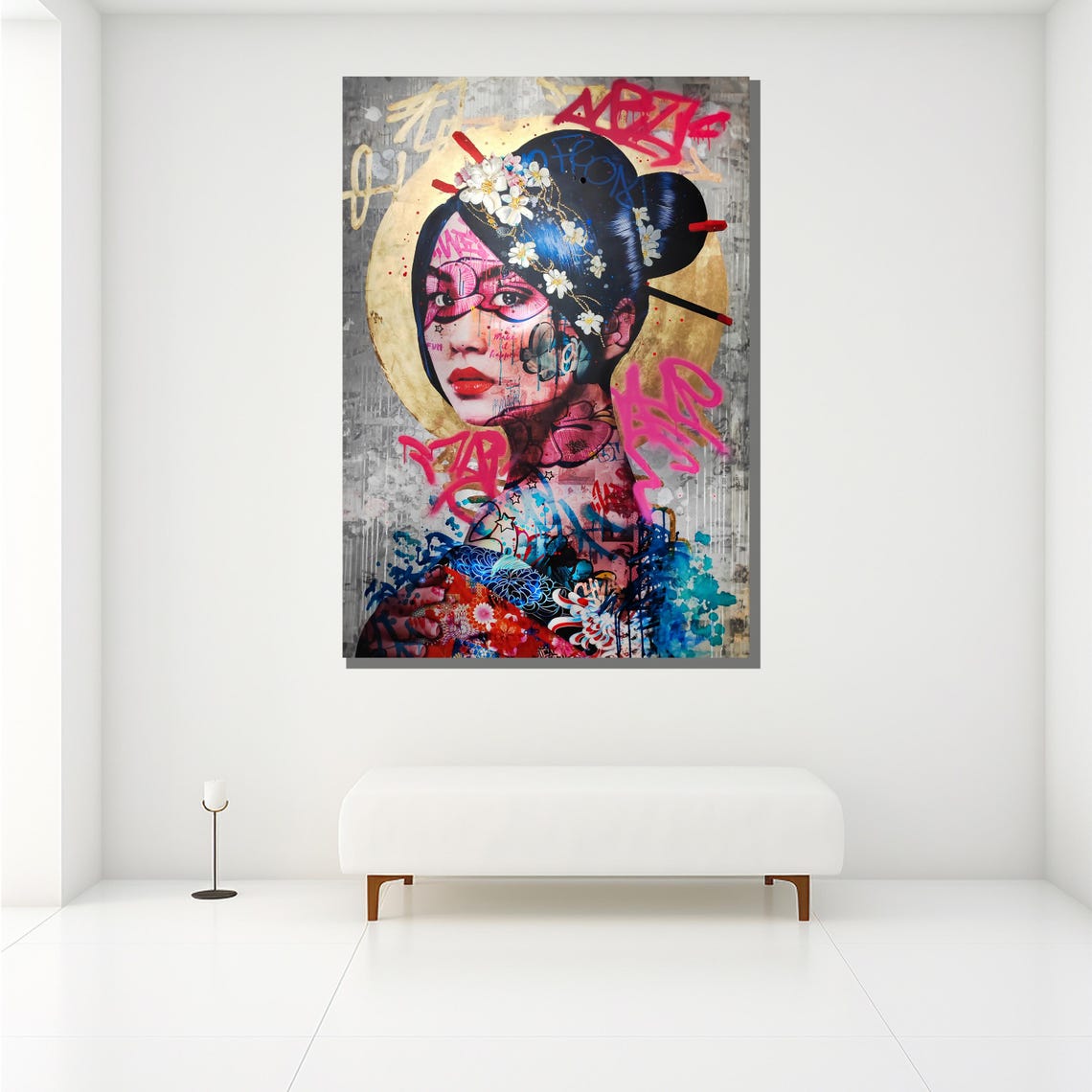 Graffiti Geisha Portrait With Cherry Blossoms Modern Art Wall Poster - Image 2